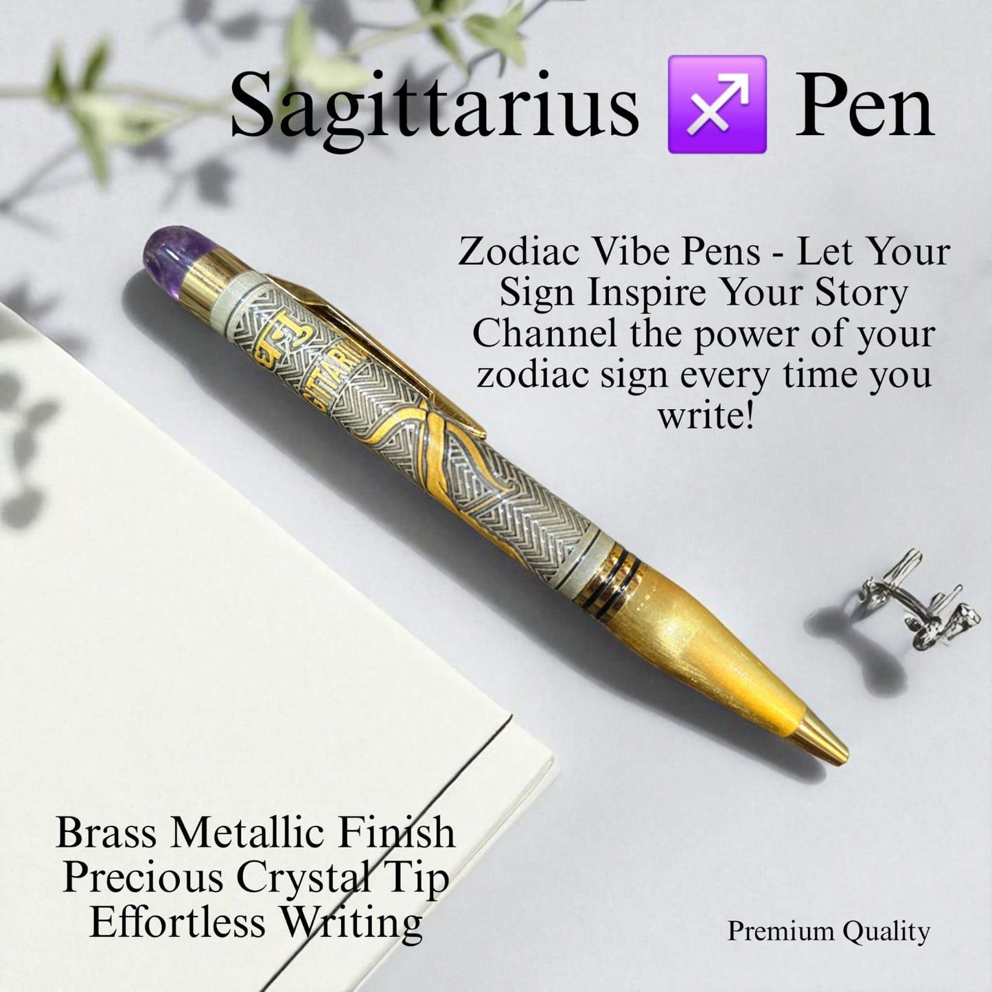 Zodiac Vibe Pen – Brass Metallic Finish with Precious Crystal Tip