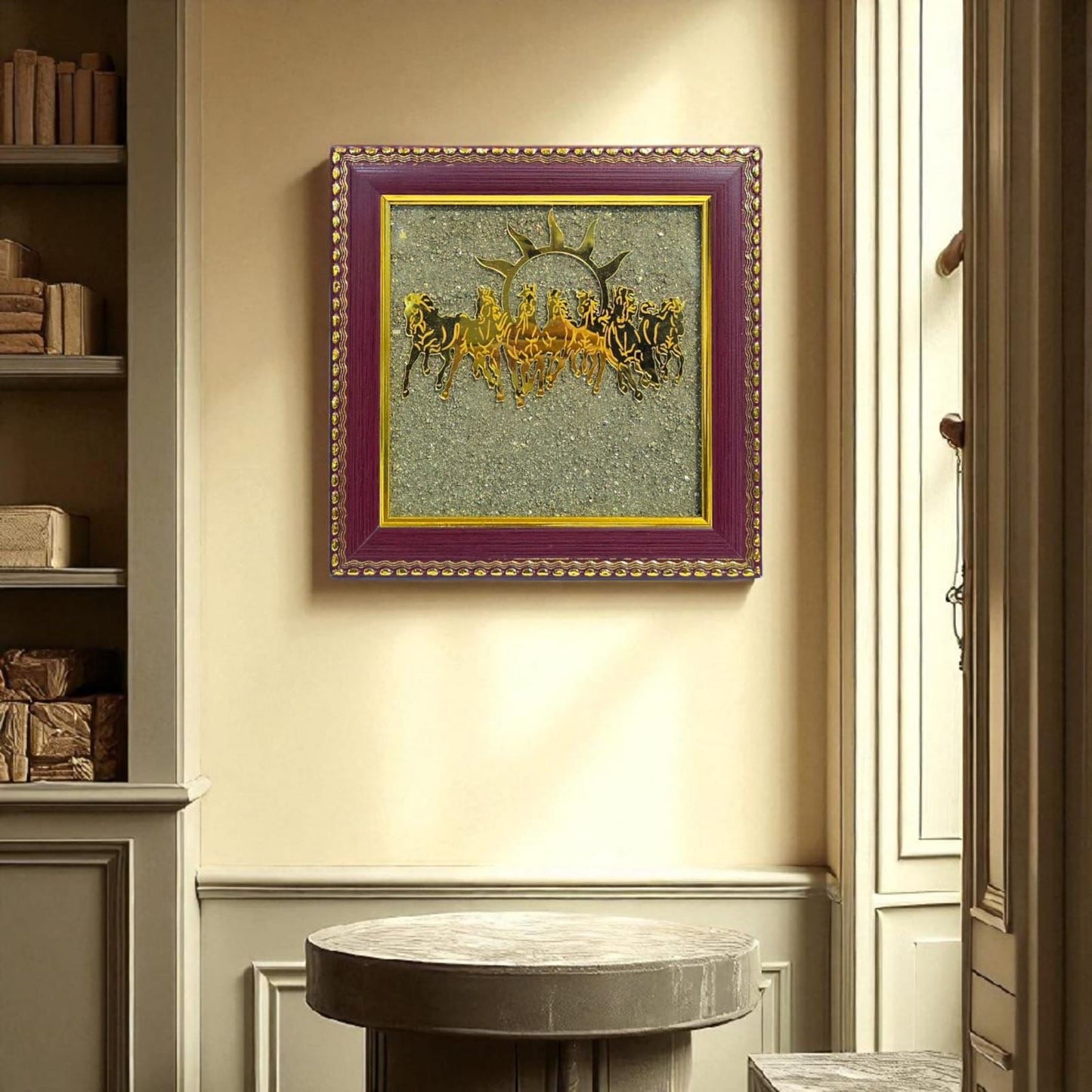Pyrite Stone Vastu Seven Running Horses with Sun โ 7 Horses on Raw Pyrite Frame