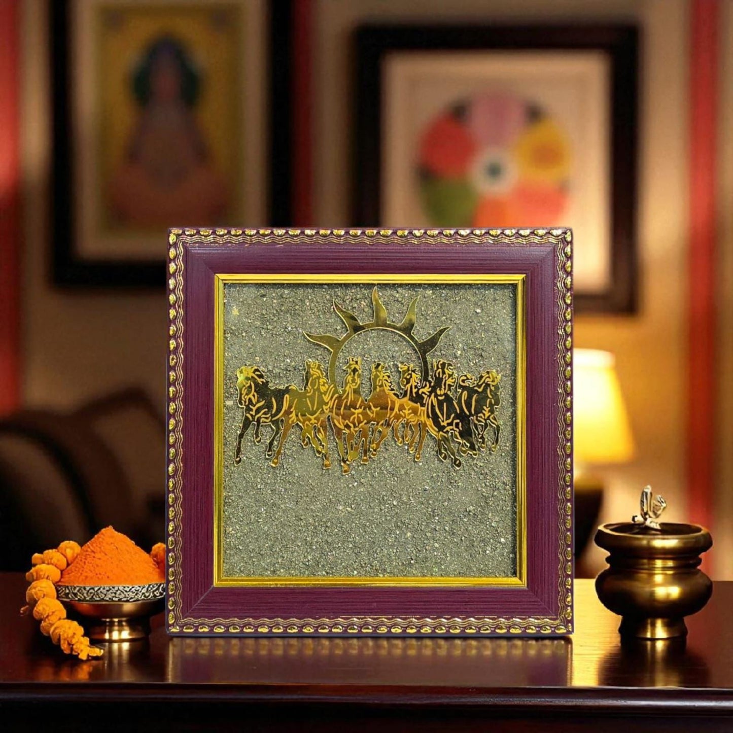 Pyrite Stone Vastu Seven Running Horses with Sun – 7 Horses on Raw Pyrite Frame