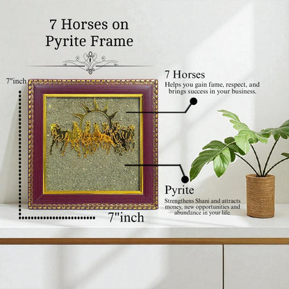 Pyrite Stone Vastu Seven Running Horses with Sun – 7 Horses on Raw Pyrite Frame