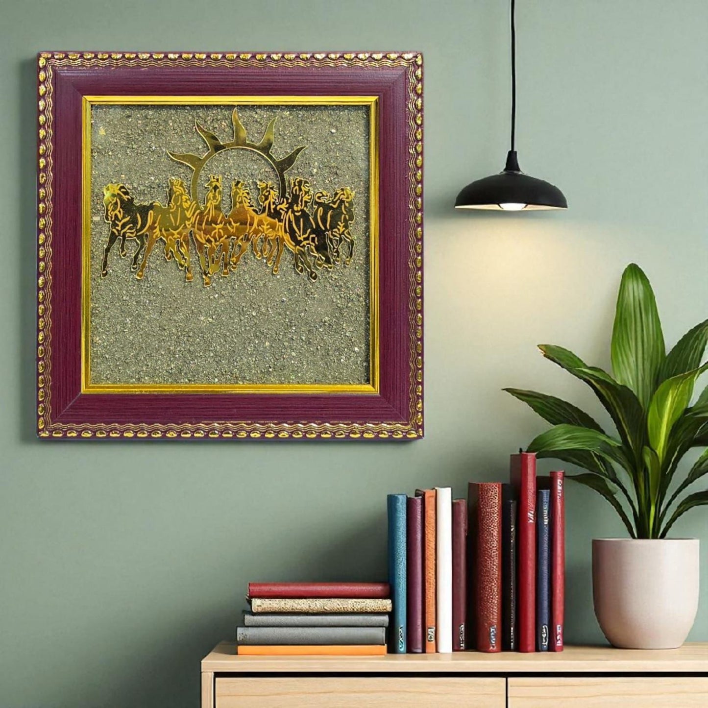Pyrite Stone Vastu Seven Running Horses with Sun – 7 Horses on Raw Pyrite Frame