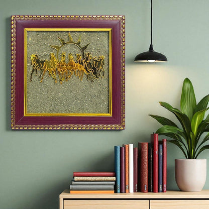 Pyrite Stone Vastu Seven Running Horses with Sun – 7 Horses on Raw Pyrite Frame