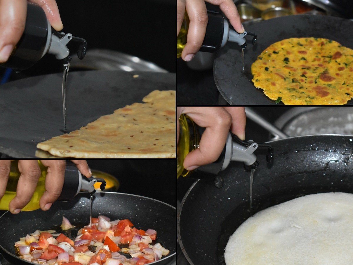 1 ltr Oil Dispenserwith Lid - Clear Drip Free Spout Controlled Use (Set of 2)