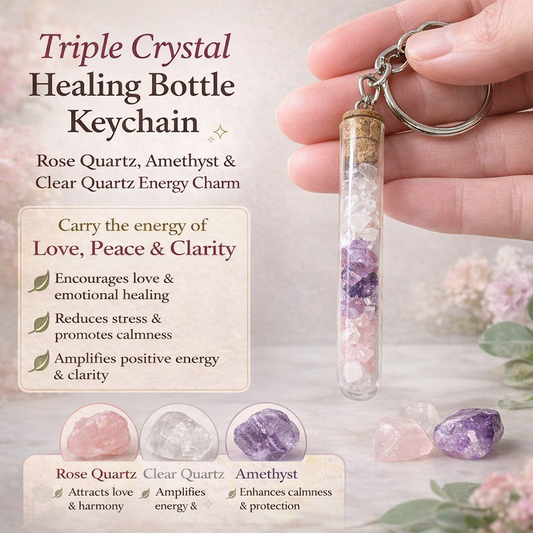 Triple Crystal Healing Bottle Keychain – Rose Quartz, Amethyst & Clear Quartz Energy Charm