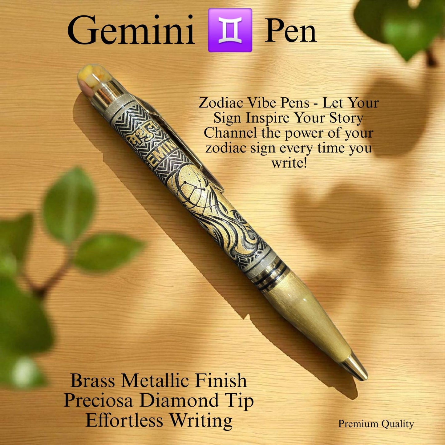 Zodiac Vibe Pen – Brass Metallic Finish with Precious Crystal Tip