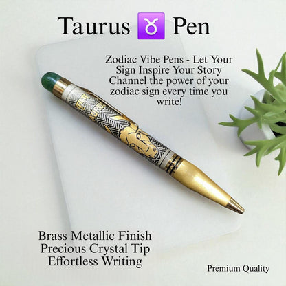 Zodiac Vibe Pen – Brass Metallic Finish with Precious Crystal Tip