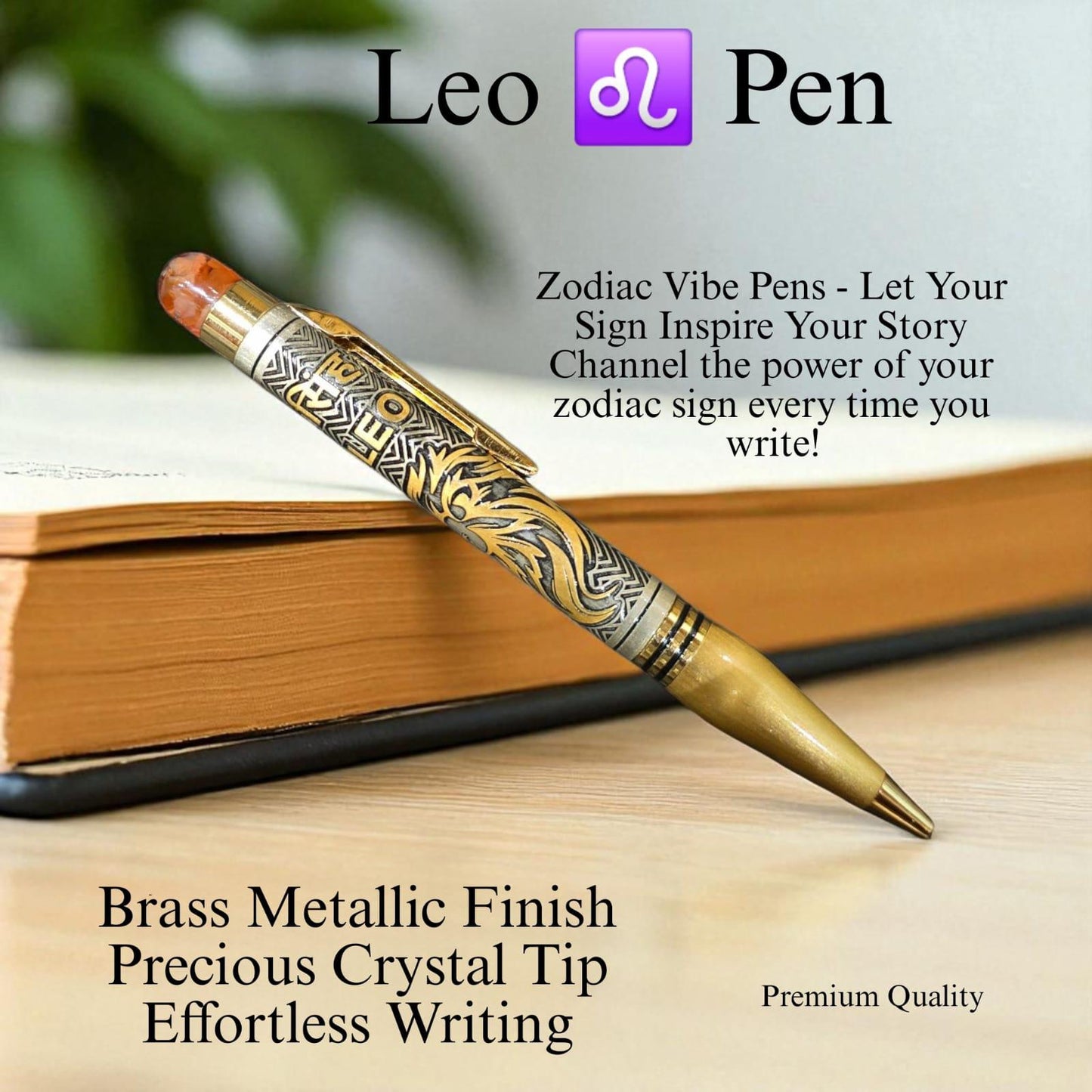 Zodiac Vibe Pen – Brass Metallic Finish with Precious Crystal Tip