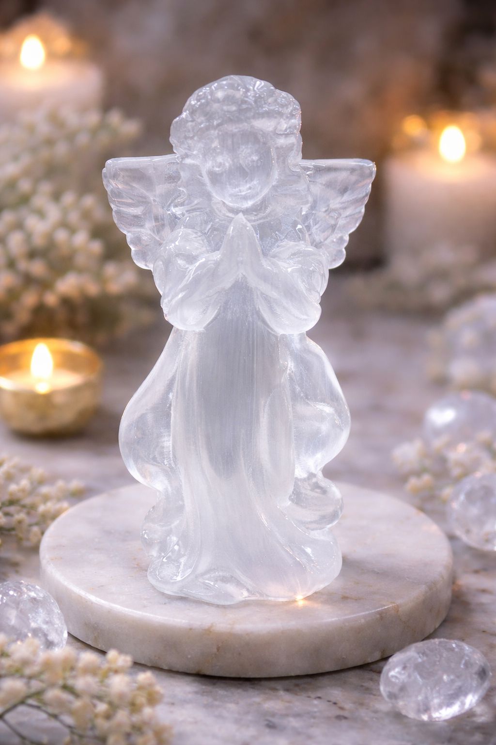 Pure Selenite Baby Angel – 5 Inch Hand-Carved Crystal Angel for Peace, Protection & Positivity