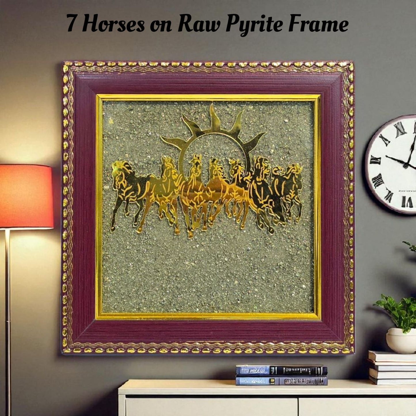 Pyrite Stone Vastu Seven Running Horses with Sun – 7 Horses on Raw Pyrite Frame