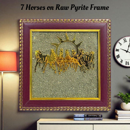 Pyrite Stone Vastu Seven Running Horses with Sun – 7 Horses on Raw Pyrite Frame