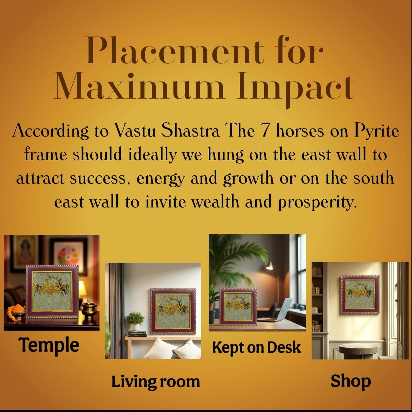 Pyrite Stone Vastu Seven Running Horses with Sun – 7 Horses on Raw Pyrite Frame