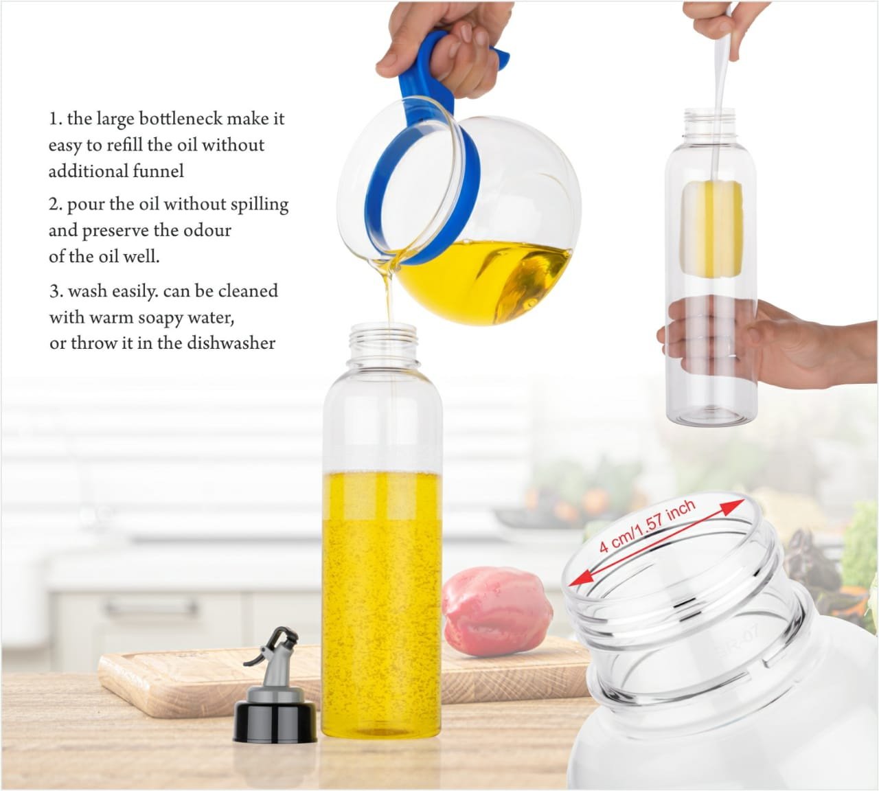1 ltr Oil Dispenserwith Lid - Clear Drip Free Spout Controlled Use (Set of 2)
